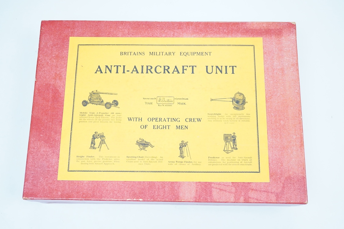 A boxed Britains Anti-Aircraft Unit (set no.2052) display set, comprising of fifteen pieces including; a 12-pdr anti aircraft gun on wheeled mount, a search light, two predictor units, a height finder, a range finder, a